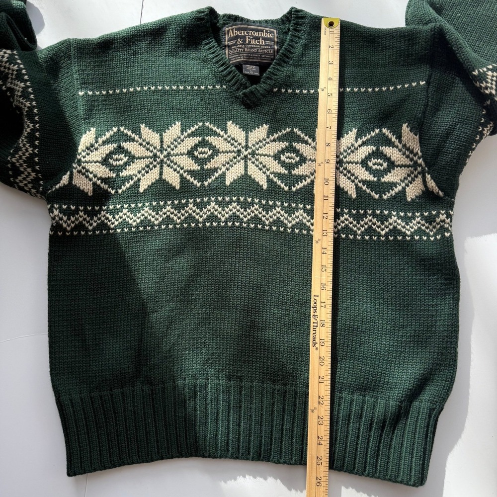 Vintage Abercrombie & Fitch Wool Sweater Green Fair Isle Nordic Ski Snowflake L - Picture 10 of 11